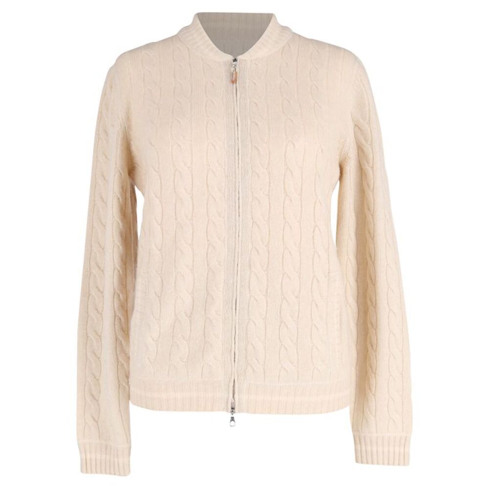 Brunello Cucinelli Cable-Knit Zip-Up Cardigan in Cream Cashmere